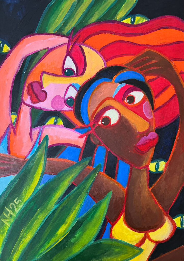 abstrakte, farbenfrohe, tanzende Frauen in einer Dschungelnacht mit beobachtenden Pantheraugen.