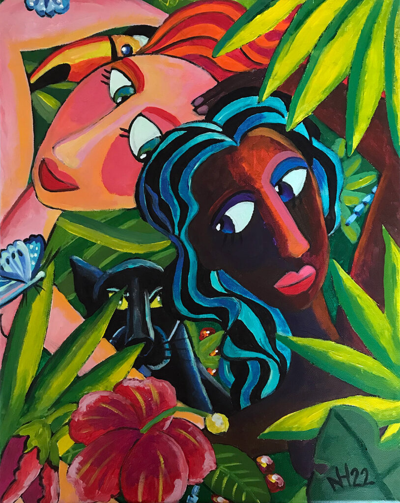 zwei tanzende Frauen im Dschungel. Panther, Schmwetterlinge und tropische Pflanzen im Hintergrund.